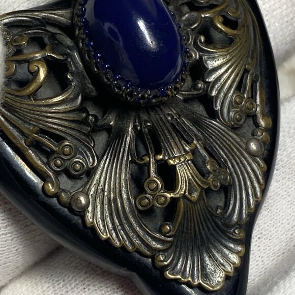 Vintage 1965–75 Nepal/India Bronze & Ebonite Pendants w/ Blue Galalith Cabochon - Picture 8 of 10